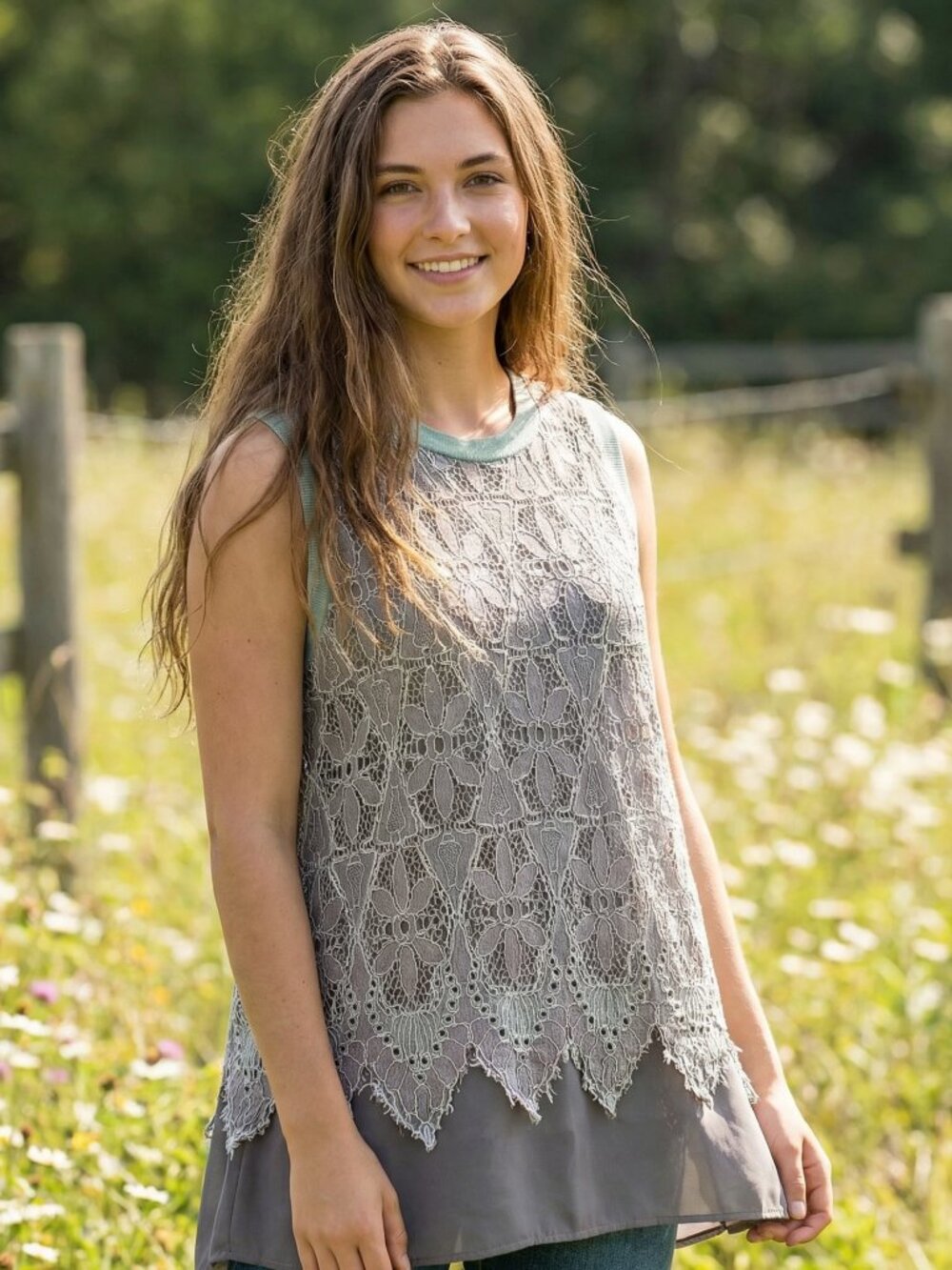 Umgee Top Gray Lace Scalloped Tank  Fairy Grunge Boho‎ Chic Ethereal Size L